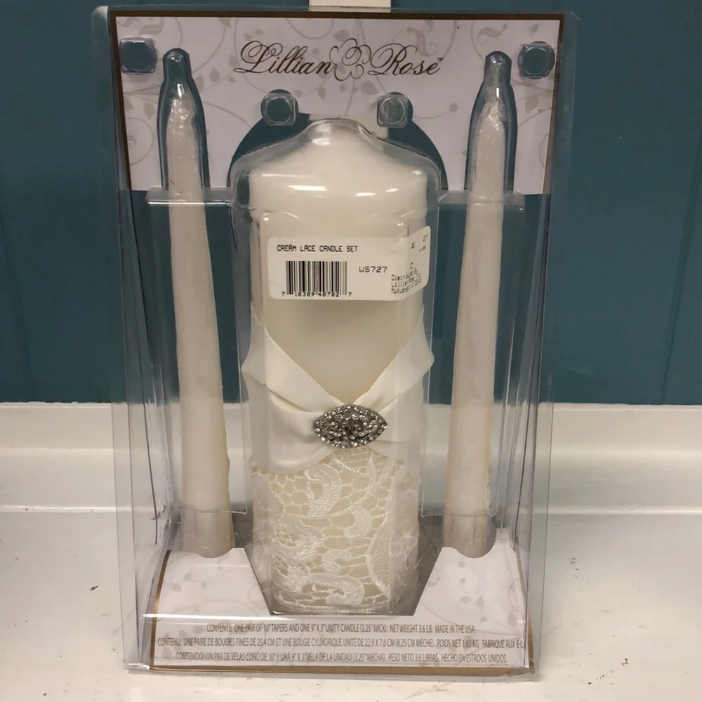 Lillian Rose Cream Lace Candle Set‎ of 3 pillar and tapers wedding ceremony